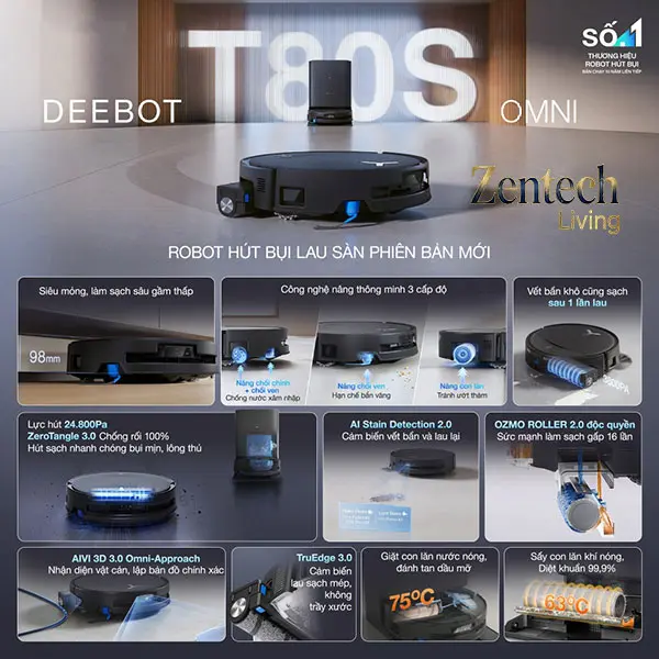 Robot hút bụi lau nhà Ecovacs Deebot T80s Omni