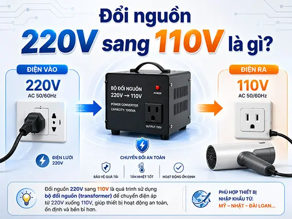 Đổi nguồn 220V sang 110V là gì?