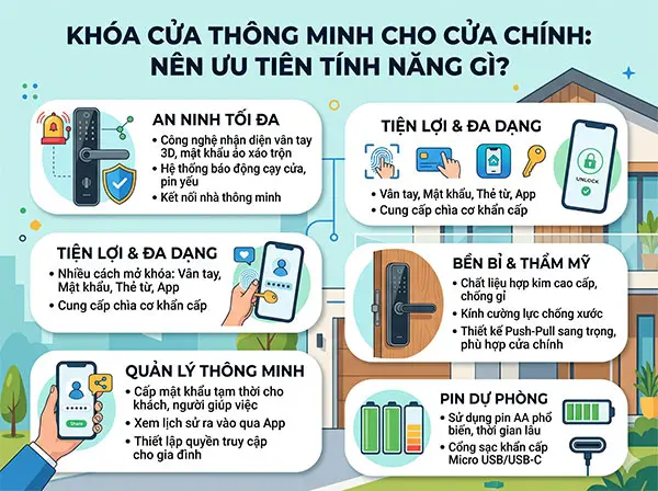 Khóa cửa thông minh cho cửa chính nên ưu tiên tính năng gì?