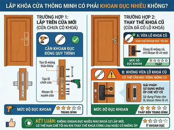 Lắp khóa cửa thông minh có phải khoan đục nhiều không?