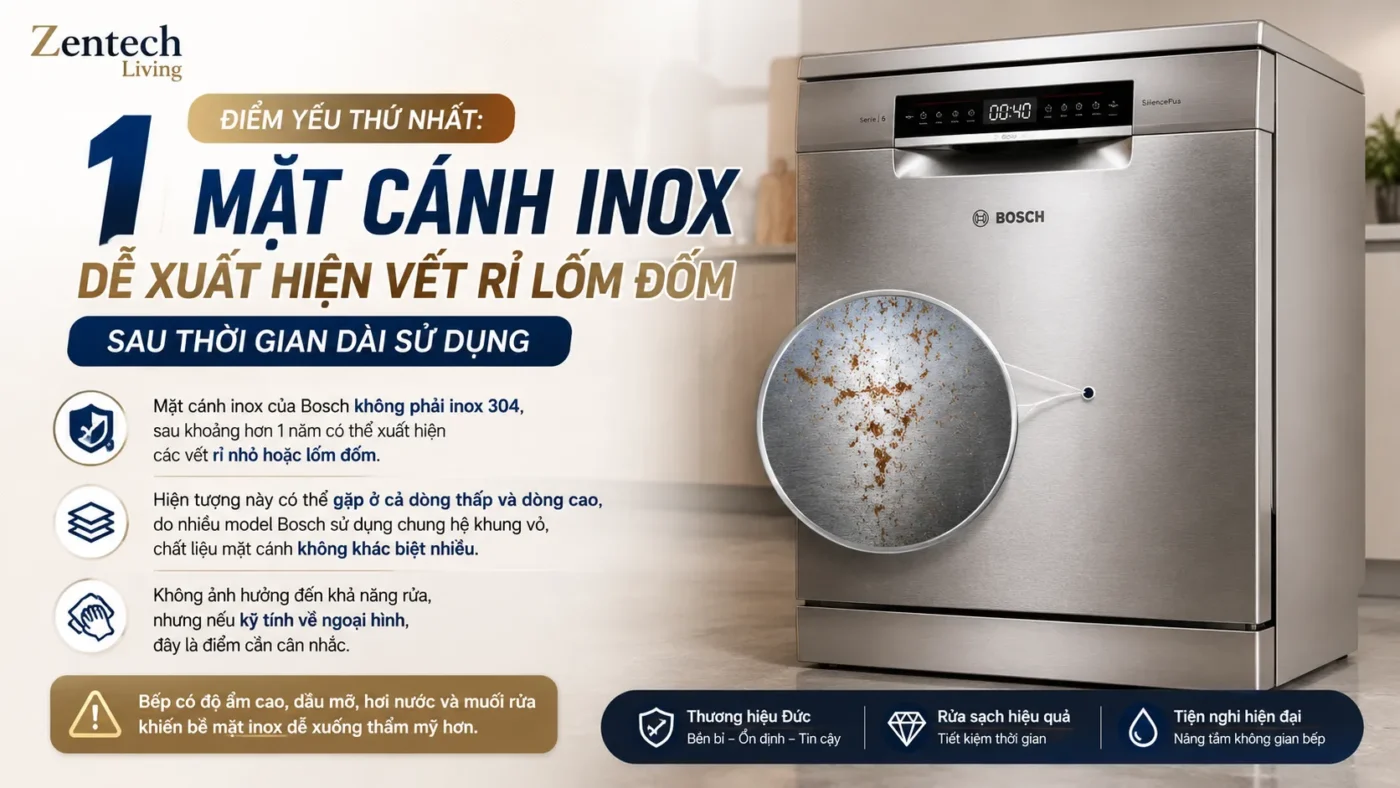 Điểm Yếu Thứ Nhất: Mặt Cánh Inox Dễ Xuất Hiện Vết Rỉ Lốm Đốm Sau Thời Gian Dài Sử Dụng